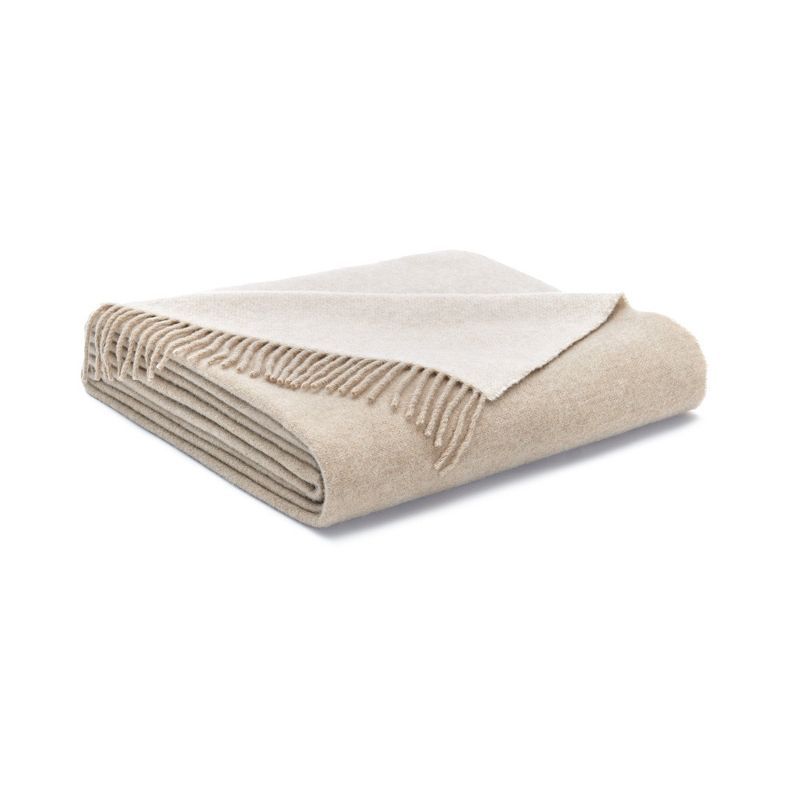 Beige and Sand Wool Cashmere Reversible Throw with Fringe