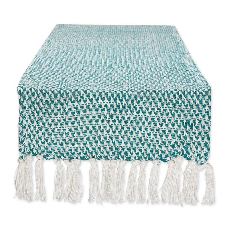 Teal and White Cotton Woven Table Runner with Fringed Edges