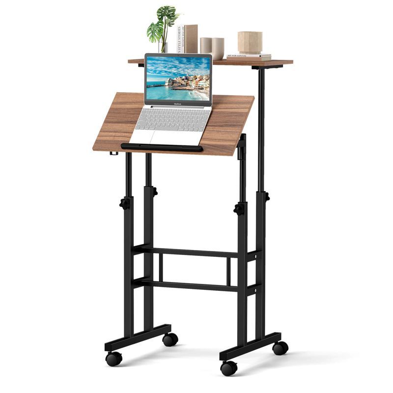 Walnut Adjustable Height Standing Desk with Drawer and Headphone Hook