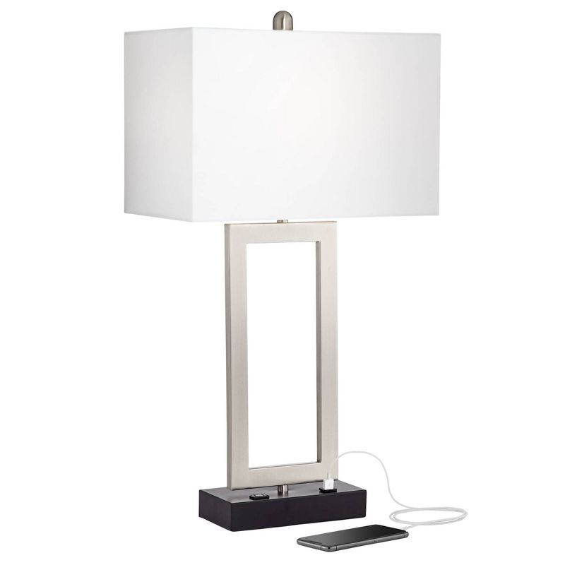 Brushed Nickel Modern Table Lamp with USB and AC Outlet