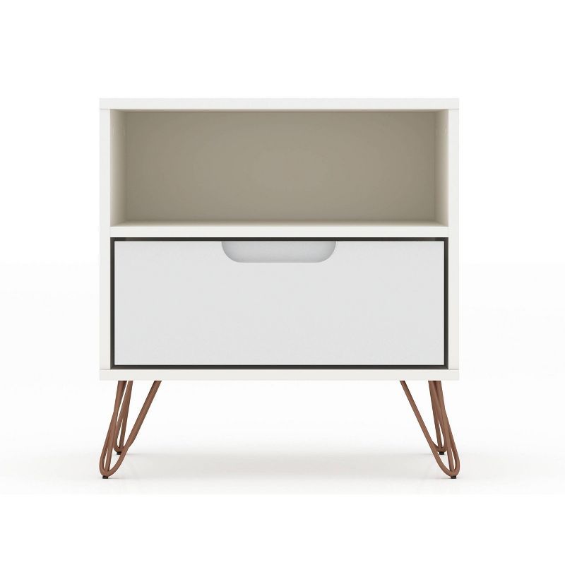 White Mid-Century Modern 1-Drawer Nightstand with Metal Legs