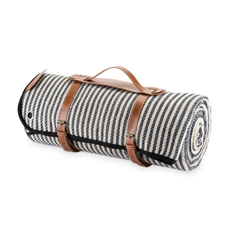 Navy and White Striped Waterproof Picnic Blanket with Leather Straps