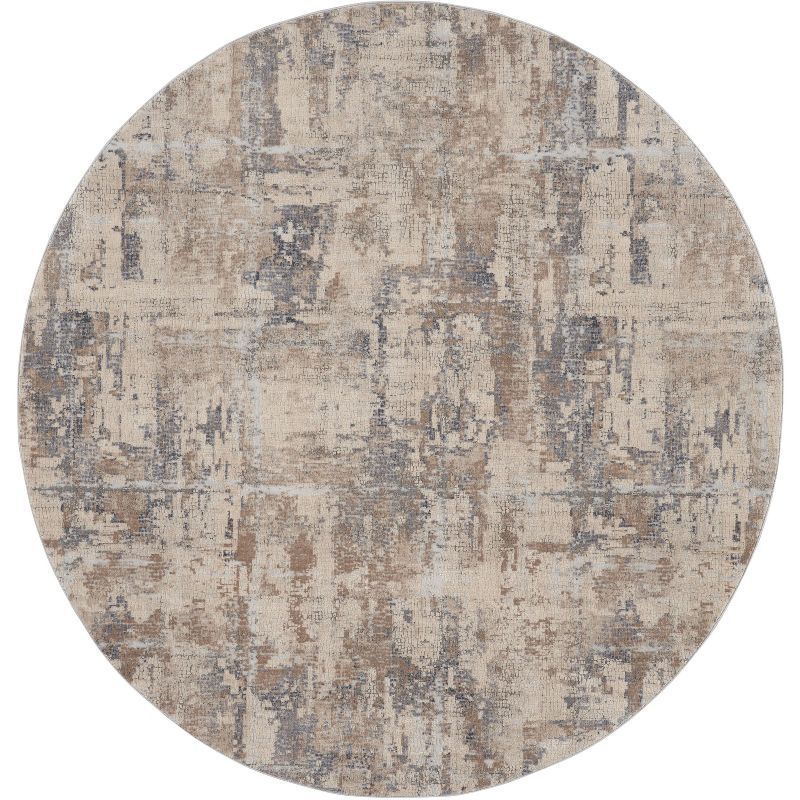 Round Grey and Beige Abstract Synthetic Area Rug