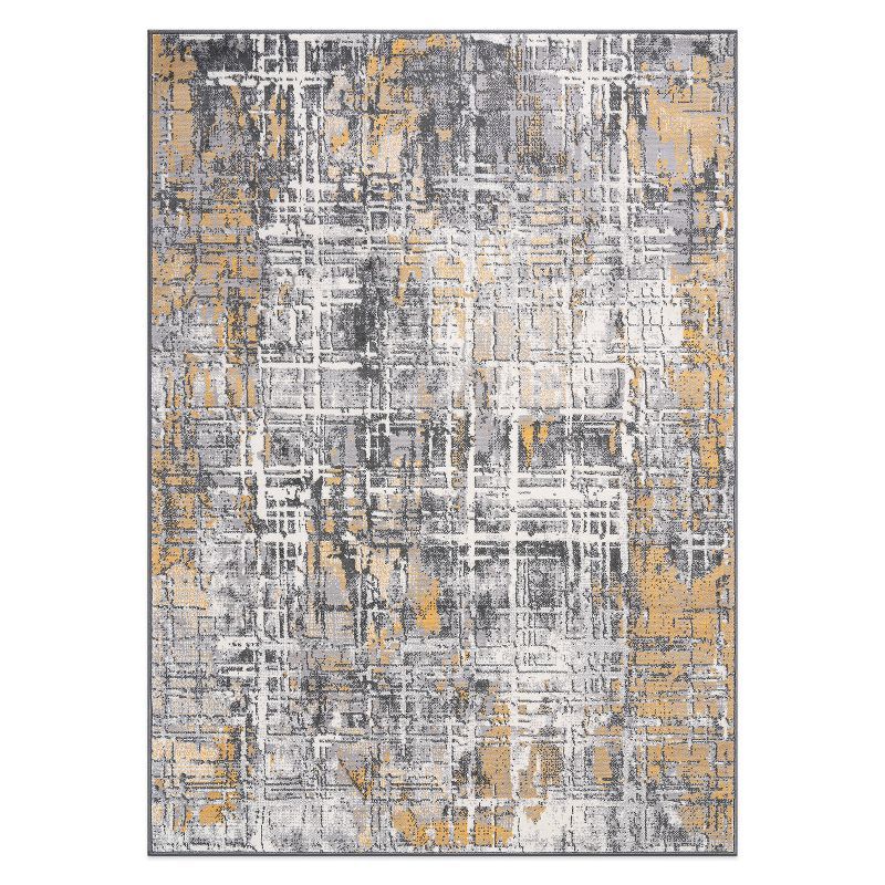 Yellow and Gray Abstract 5' x 7' Stain-Resistant Synthetic Area Rug