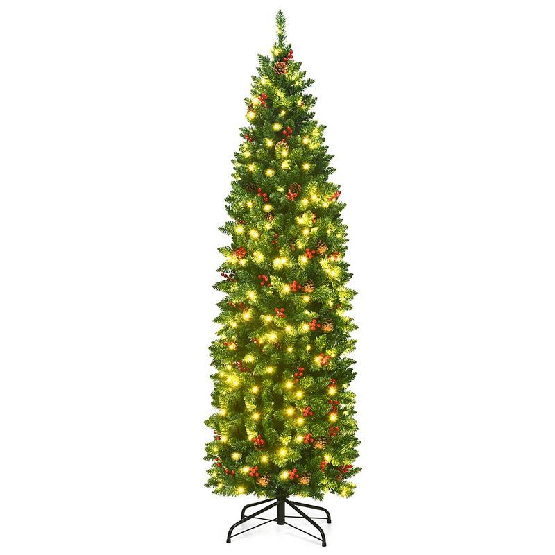 6.5ft Pre-Lit Slim Green Fir Christmas Tree with Pine Cones and Berries