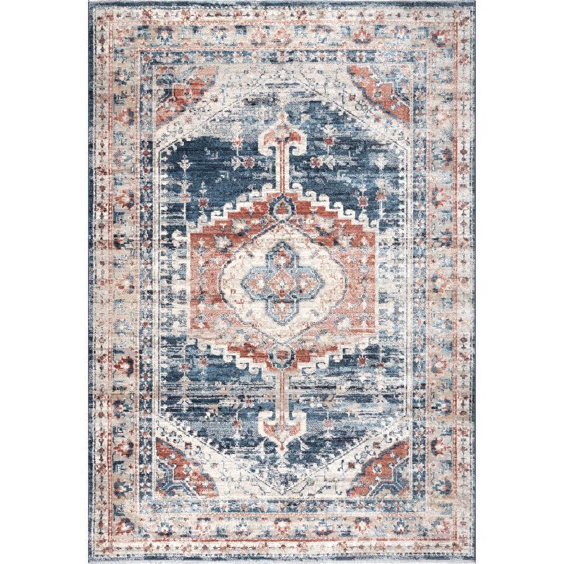 Regal Blue Medallion 4' x 6' Easy-Care Synthetic Area Rug