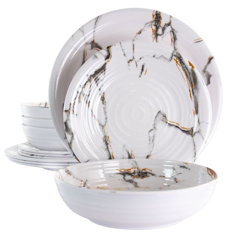 12 Piece White Marble Melamine Dinnerware Set for 4