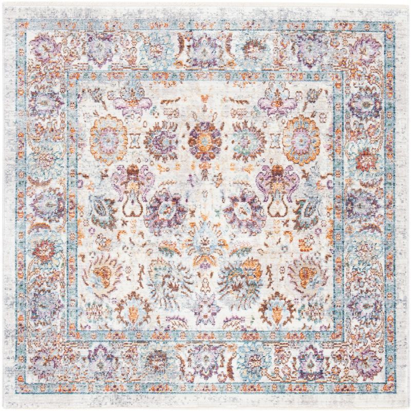 Cream and Purple Hand-Knotted Square Wool Area Rug