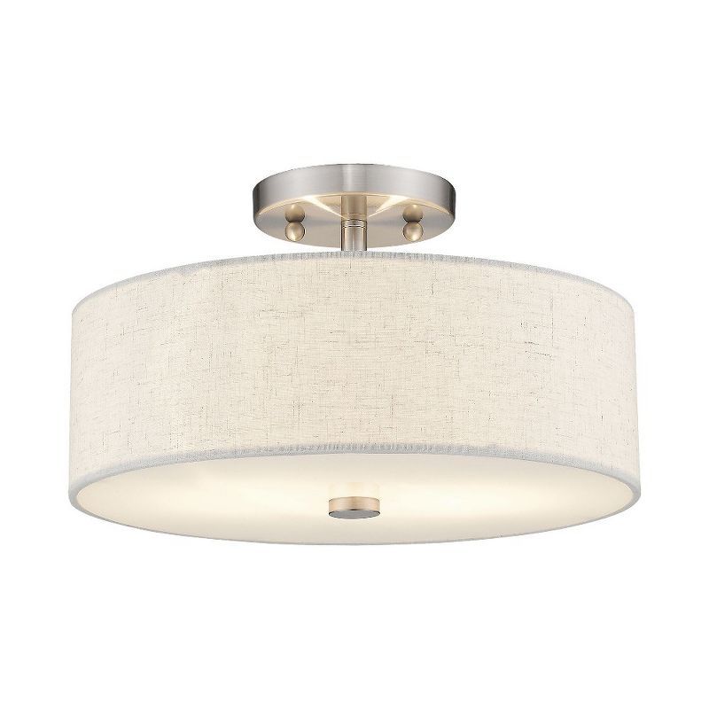 Elegant Meridian Brushed Nickel Drum Ceiling Light with Oatmeal Fabric Shade