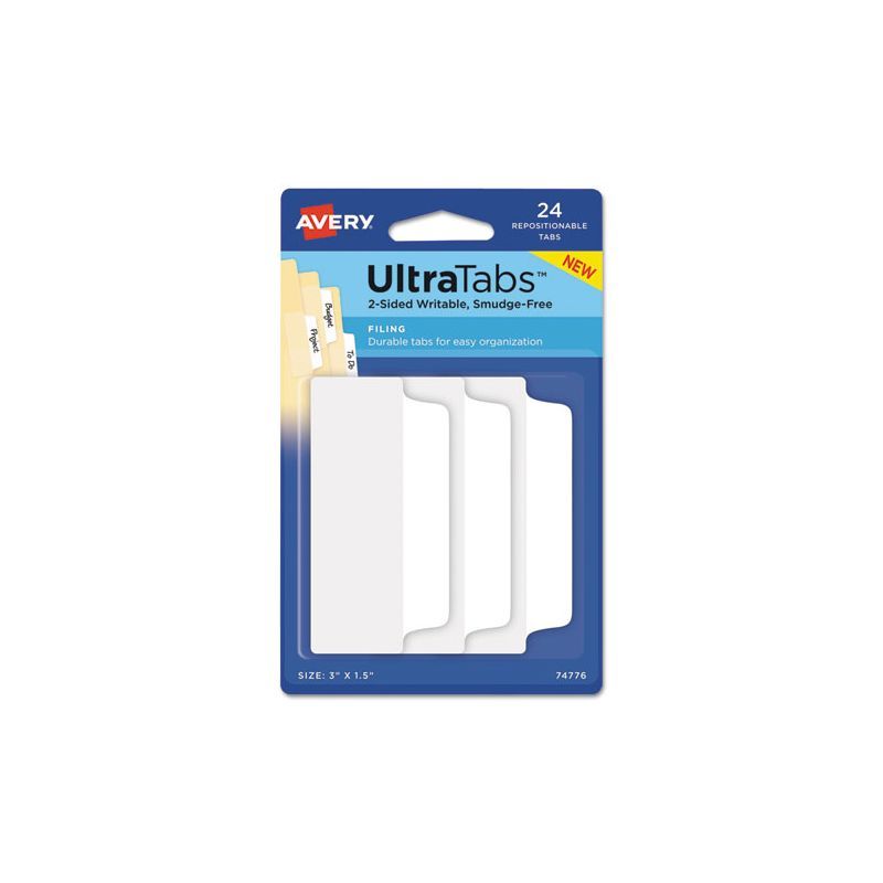 White Plastic-Coated Repositionable Writable Tabs, 3" x 1.5", 24-Pack