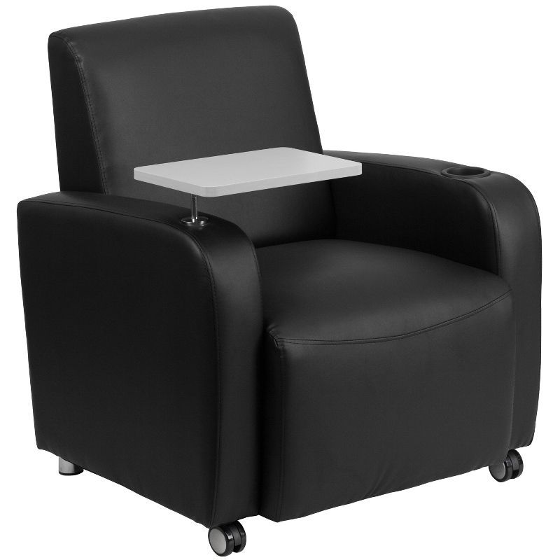 Swivel Black LeatherSoft Guest Chair with Tablet Arm and Cup Holder