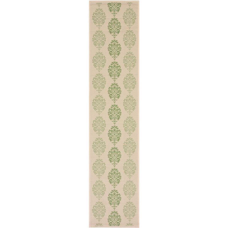 Natural Olive Damask Low Pile Outdoor Runner Rug