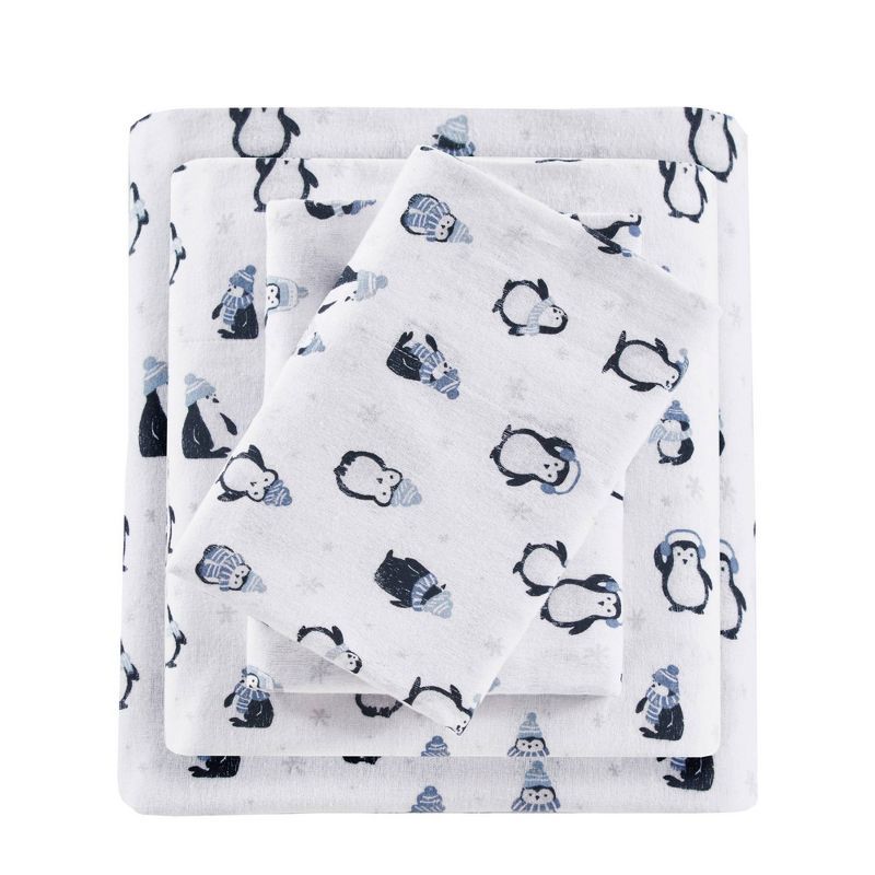 Gray Penguin Print Cotton Flannel Queen Sheet Set