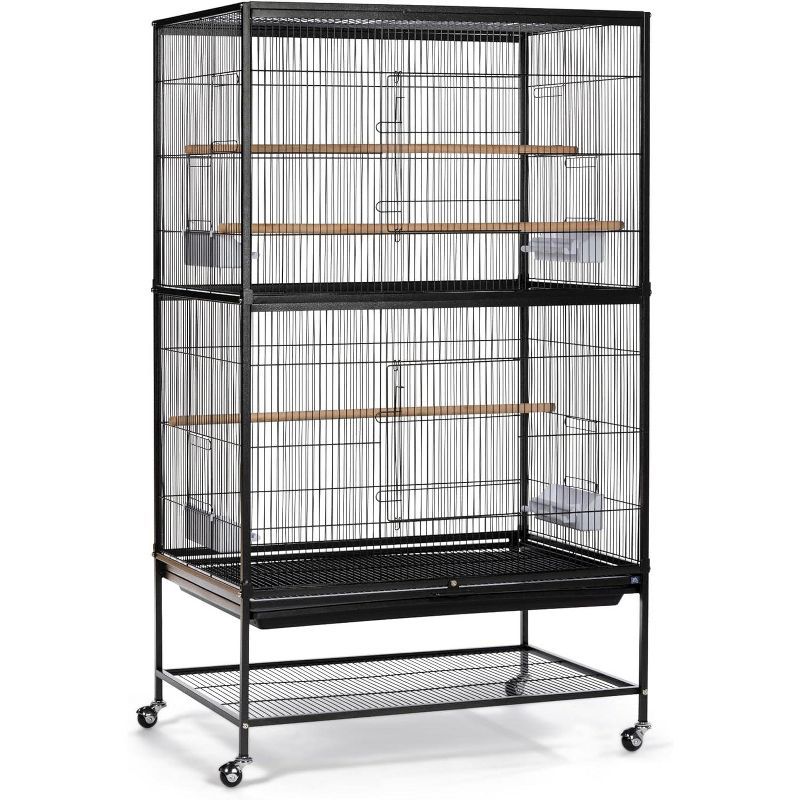 Black Wrought Iron Flight Cage with Stand and Storage Shelf