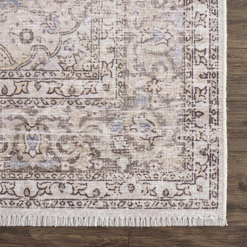 Cream and Slate Blue Oriental Washable Runner Rug