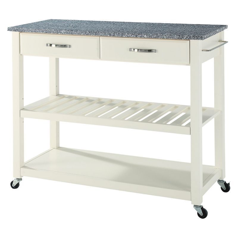 White Granite Top Kitchen Cart with Wine Rack and Storage