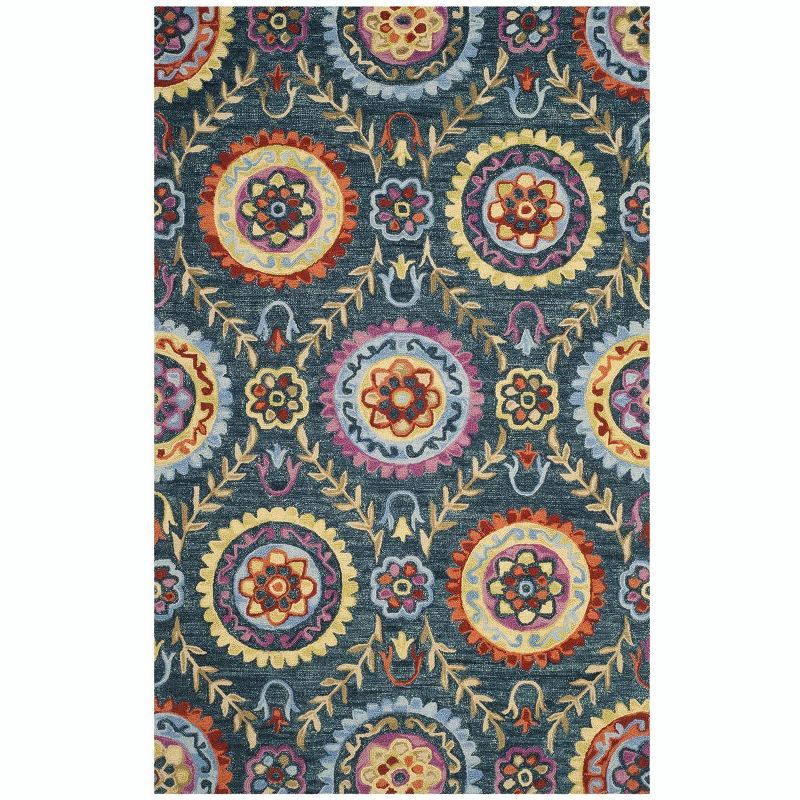 Hand-Knotted Blue and Multicolor Wool Rectangular Rug