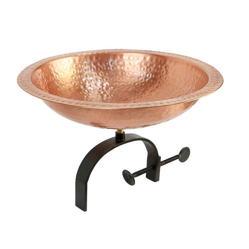 Hammered Copper Birdbath with Black Metal Rail Mount