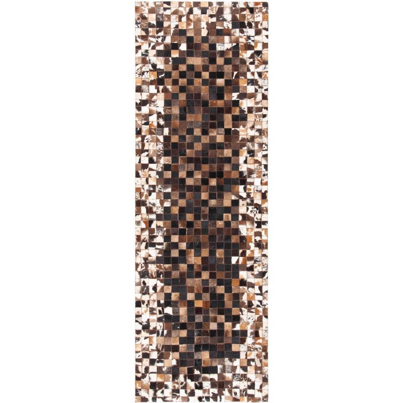 Hand-Stitched Geometric Beige & Brown Cowhide Area Rug