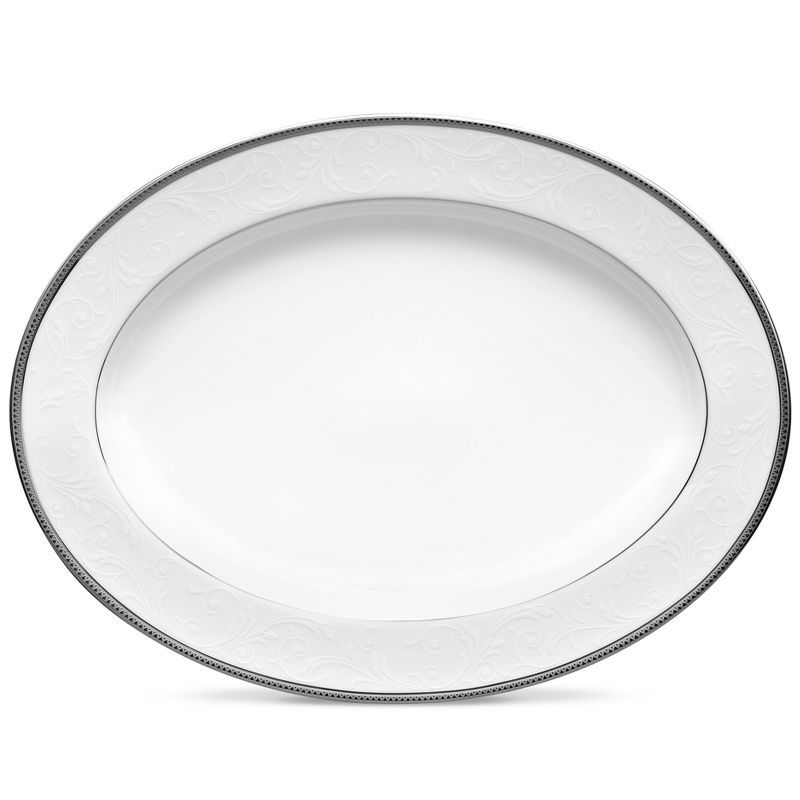 White Ceramic Oval Serving Platter with Platinum Trim