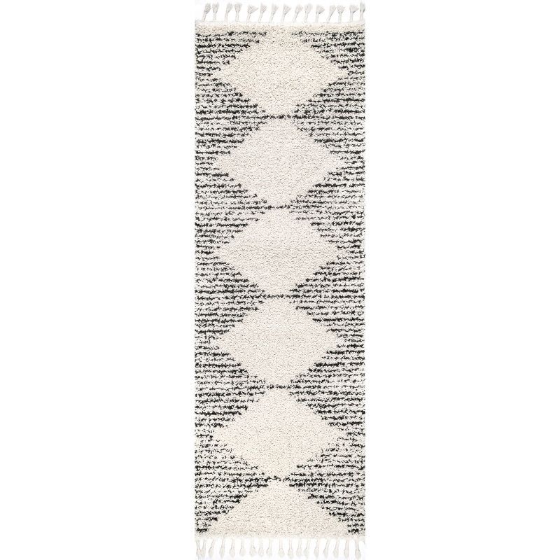 Off-White and Charcoal Synthetic Diamond Pattern Shag Runner Rug
