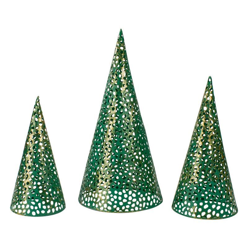 Set of 3 Green and Gold Metal Cone Christmas Trees