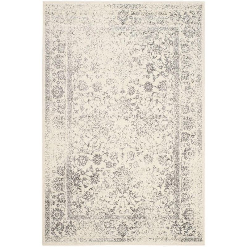 Ivory and Silver Floral Motif Low Pile Area Rug