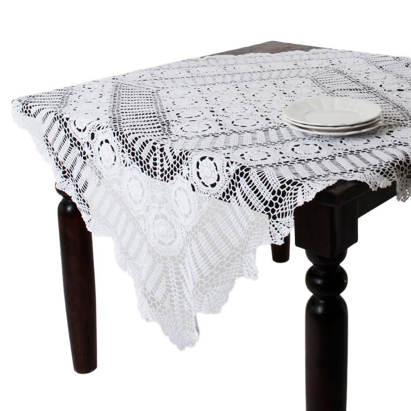 Handmade White Crochet Cotton Lace Tablecloth, 54-Inch Square