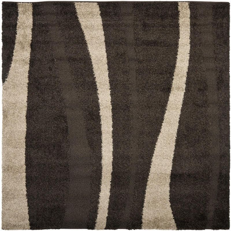 Luxurious Dark Brown and Beige Square Shag Rug, 5' x 5'