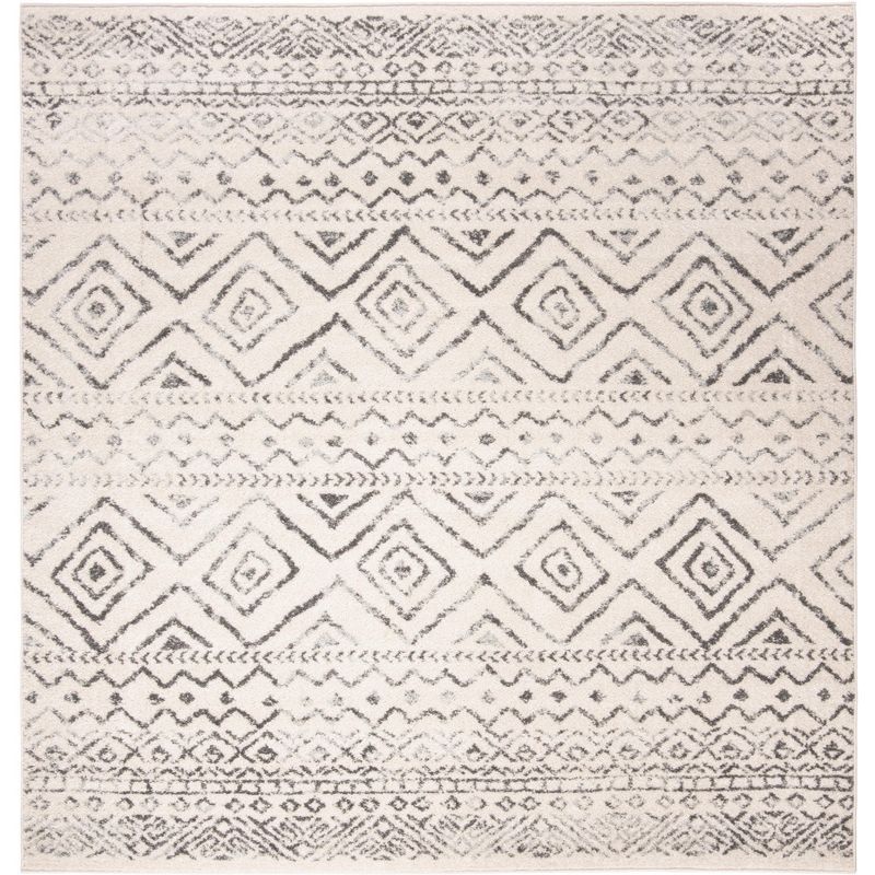 Ivory and Grey Hand-Knotted Square Synthetic Area Rug