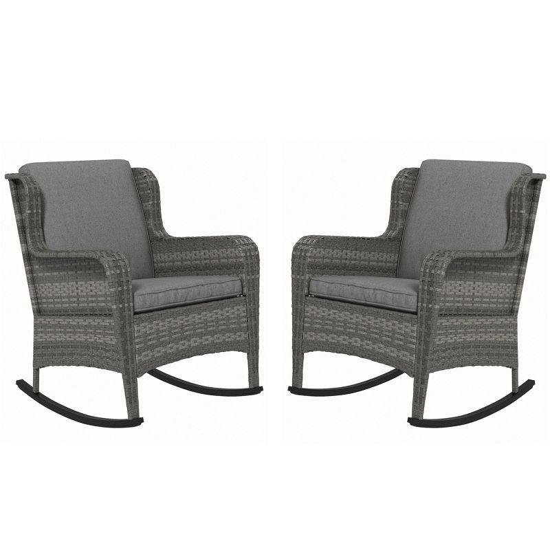Gray Wicker Outdoor Rocking Chairs with Cushions, 2 Piece Set
