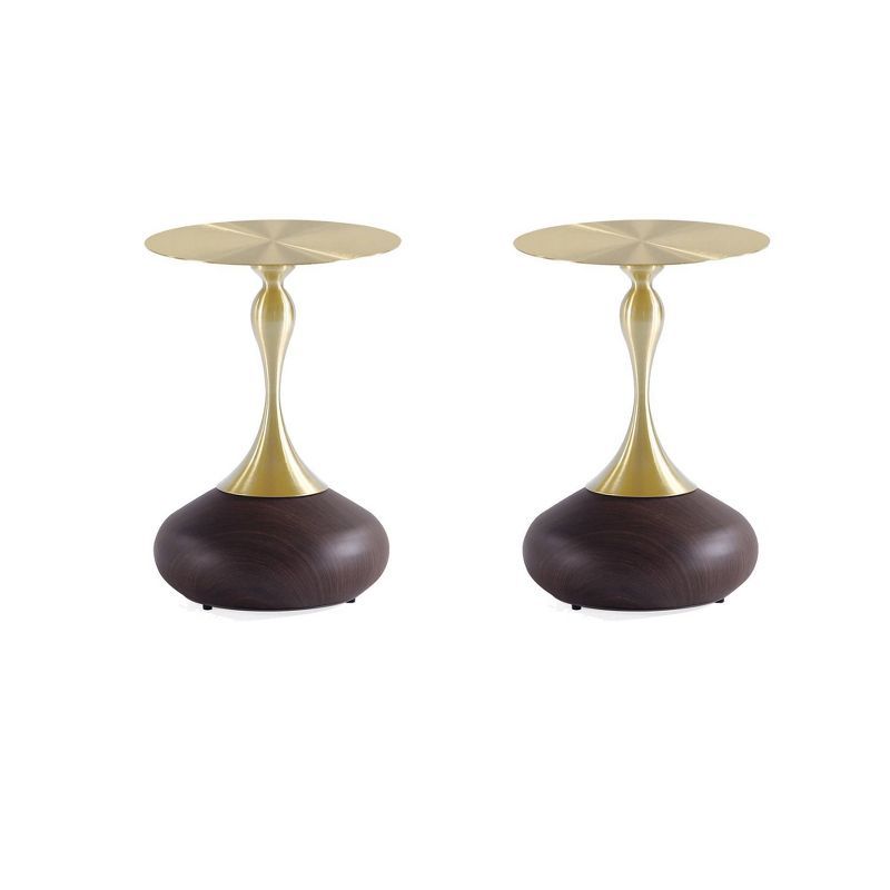 Set of 2 Gold and Brown Wood Round Accent Tables