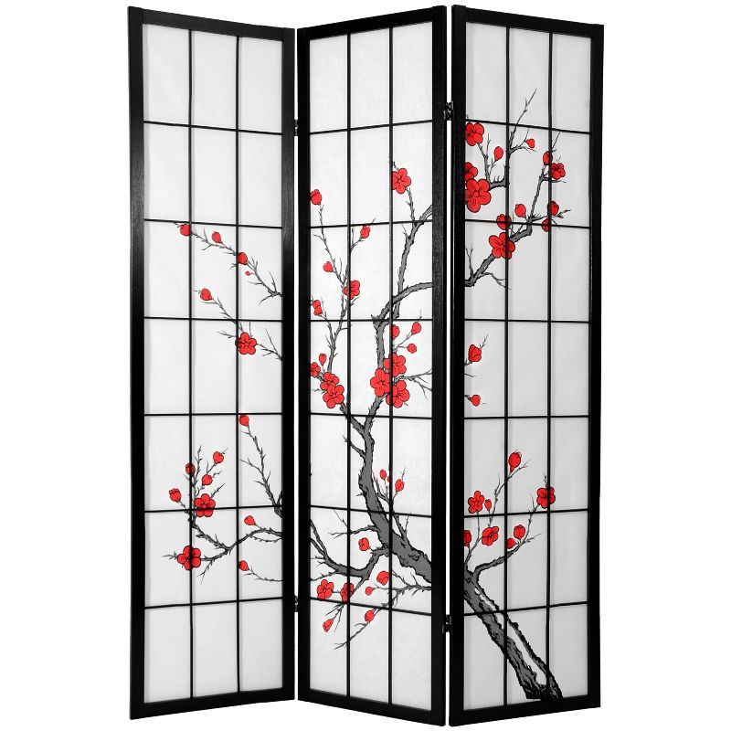 6 Ft Black Shoji Screen with Cherry Blossom Print