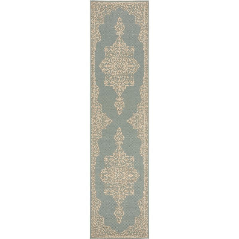 Cream and Aqua Synthetic Non-slip Runner Rug