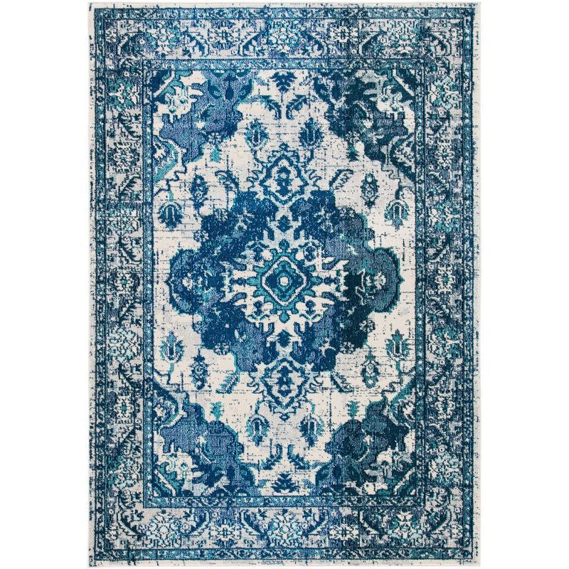 Ivory and Blue Distressed Boho Chic 8' x 10' Area Rug