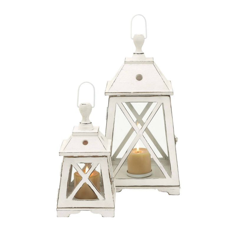 Set of 2 White Wood and Glass Hanging Candle Lanterns