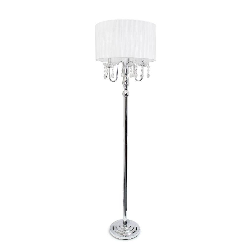 Elegant White Chrome Floor Lamp with Sheer Shade and Hanging Crystals