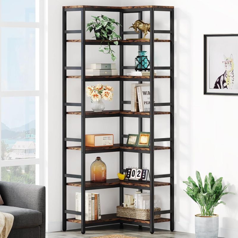 Hommoo 78.7”Tall 7 Tier Industrial Corner Bookshelf Brown