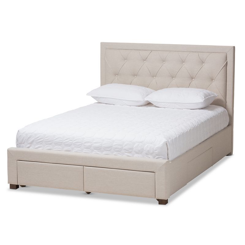 Elegant Light Beige Queen Upholstered Storage Bed with Tufted Headboard