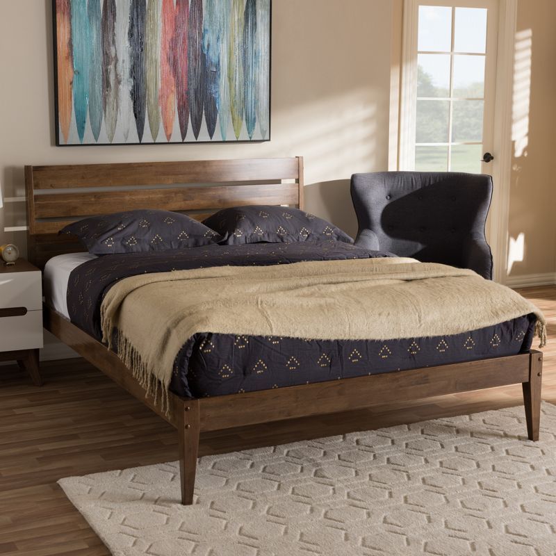 Elmdon Full Size Walnut Wood Slatted Headboard Platform Bed