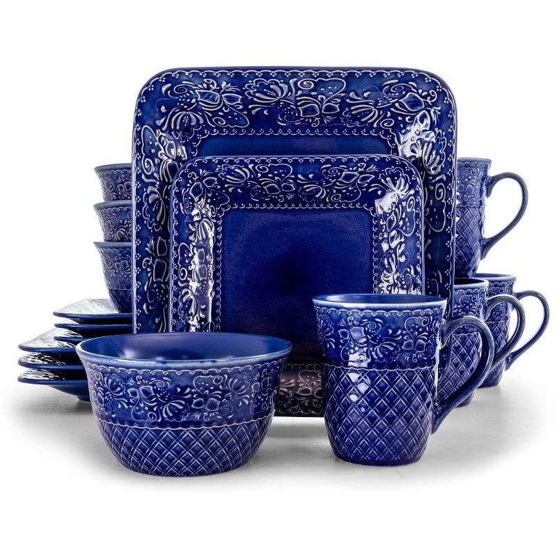 Indigo Lotus Floral Ceramic Square Dinnerware Set, Service for 4