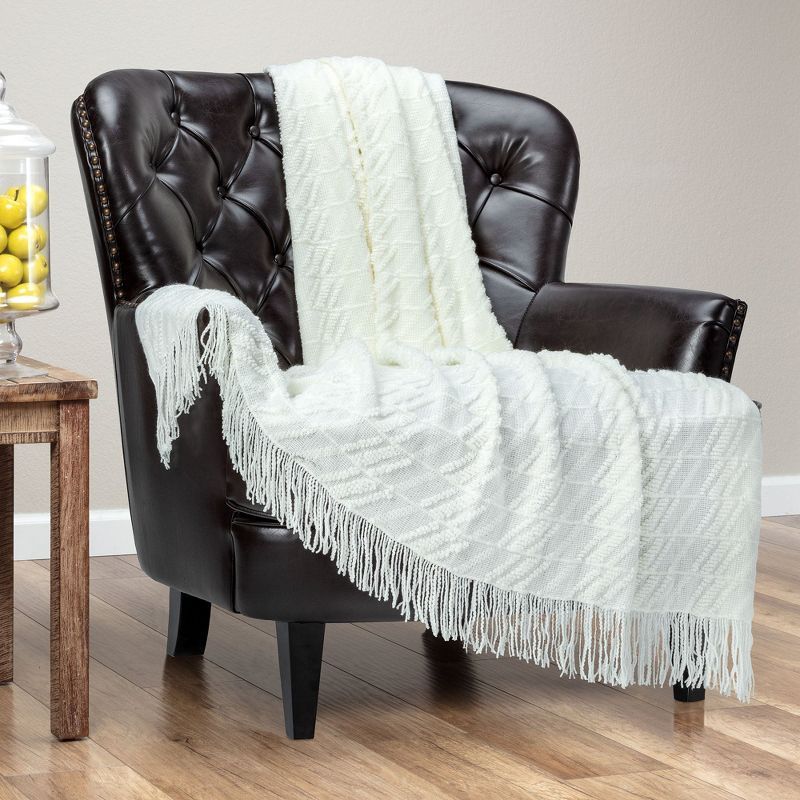 White Cloud Acrylic Knitted Throw Blanket with Tassels, 50x65 Inches