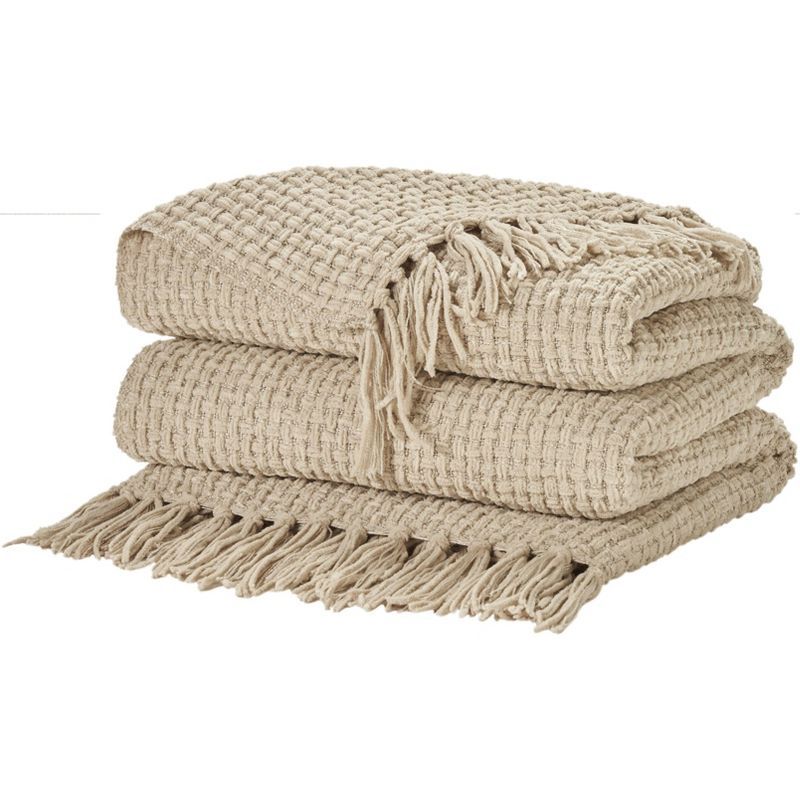 Beige Knitted Chenille Throw Blanket with Tassels 50" x 60"