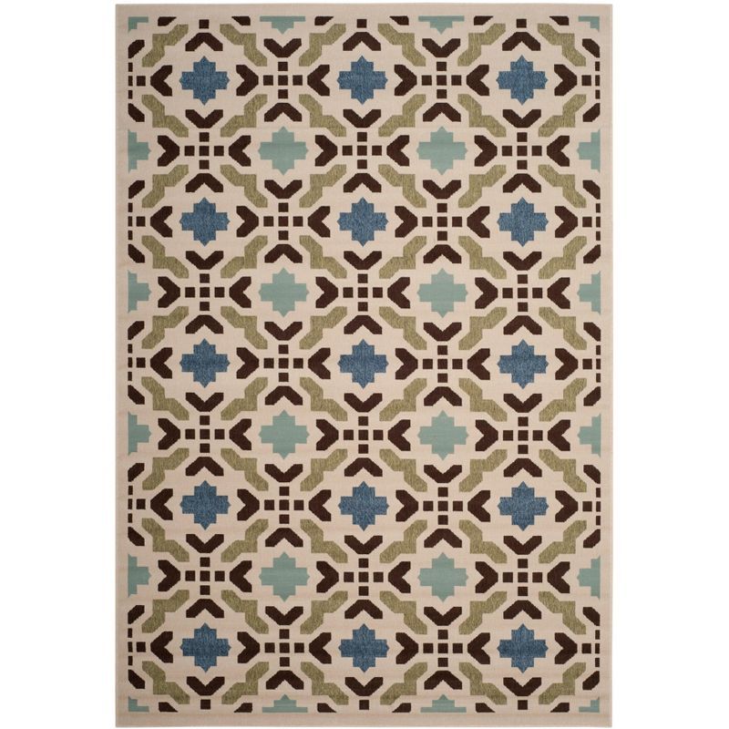 Aqua and Cream Geometric Synthetic Indoor/Outdoor Area Rug