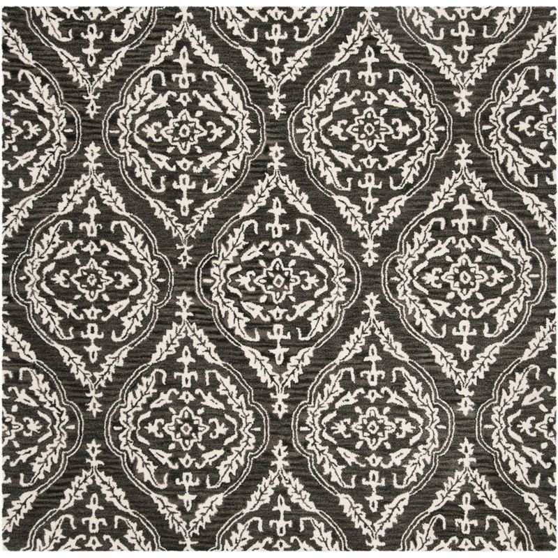 Ivory and Charcoal 6' x 6' Square Handmade Wool Floral Rug