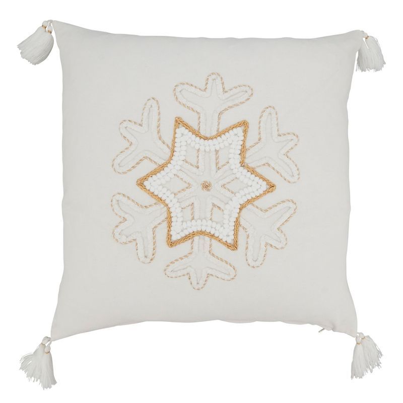 Gold and White Snowflake Poly Filled Square Throw Pillow with Tassels