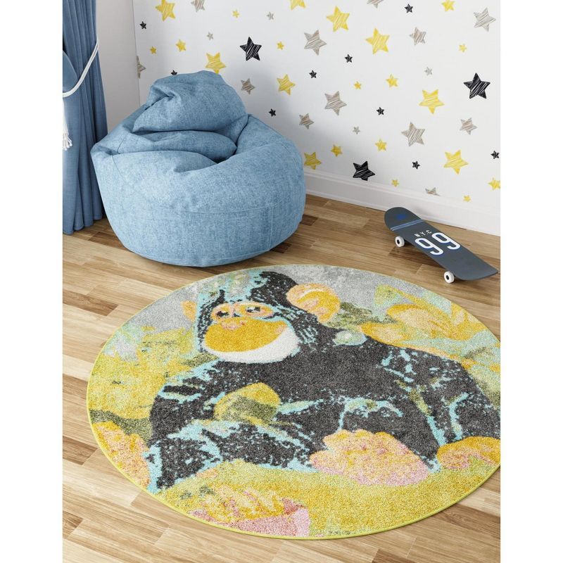 Round Multi-Color Synthetic Kids Area Rug with Gorilla Design
