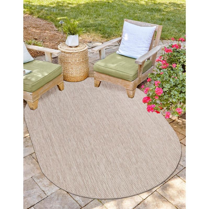 Beige Oval Synthetic Outdoor Stain-Resistant Area Rug