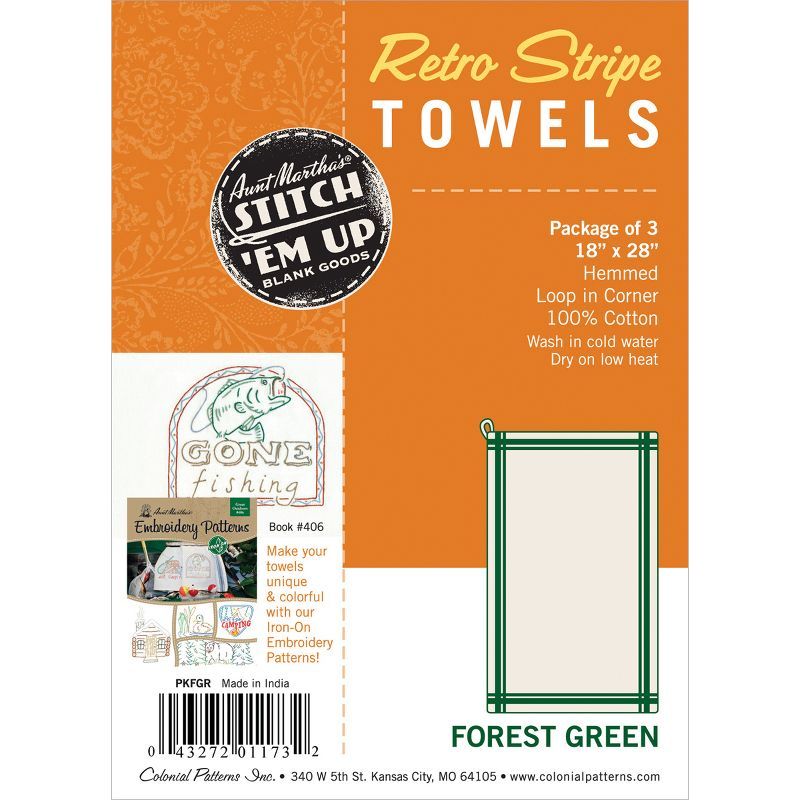 Forest Green Retro Stripe Cotton Kitchen Towels Set of 3