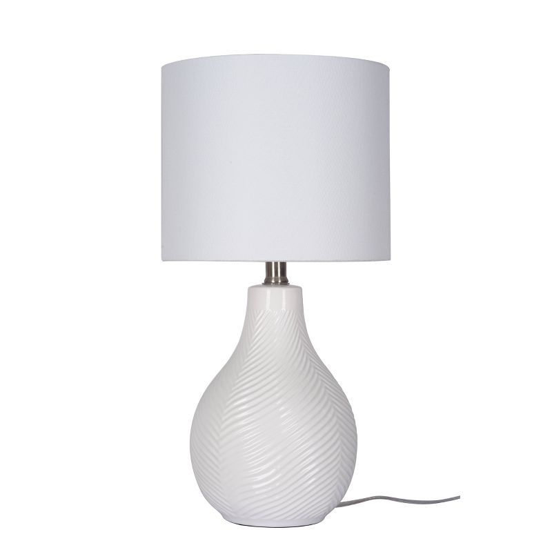 White Ceramic Gourd Table Lamp with Linen Drum Shade, 18"